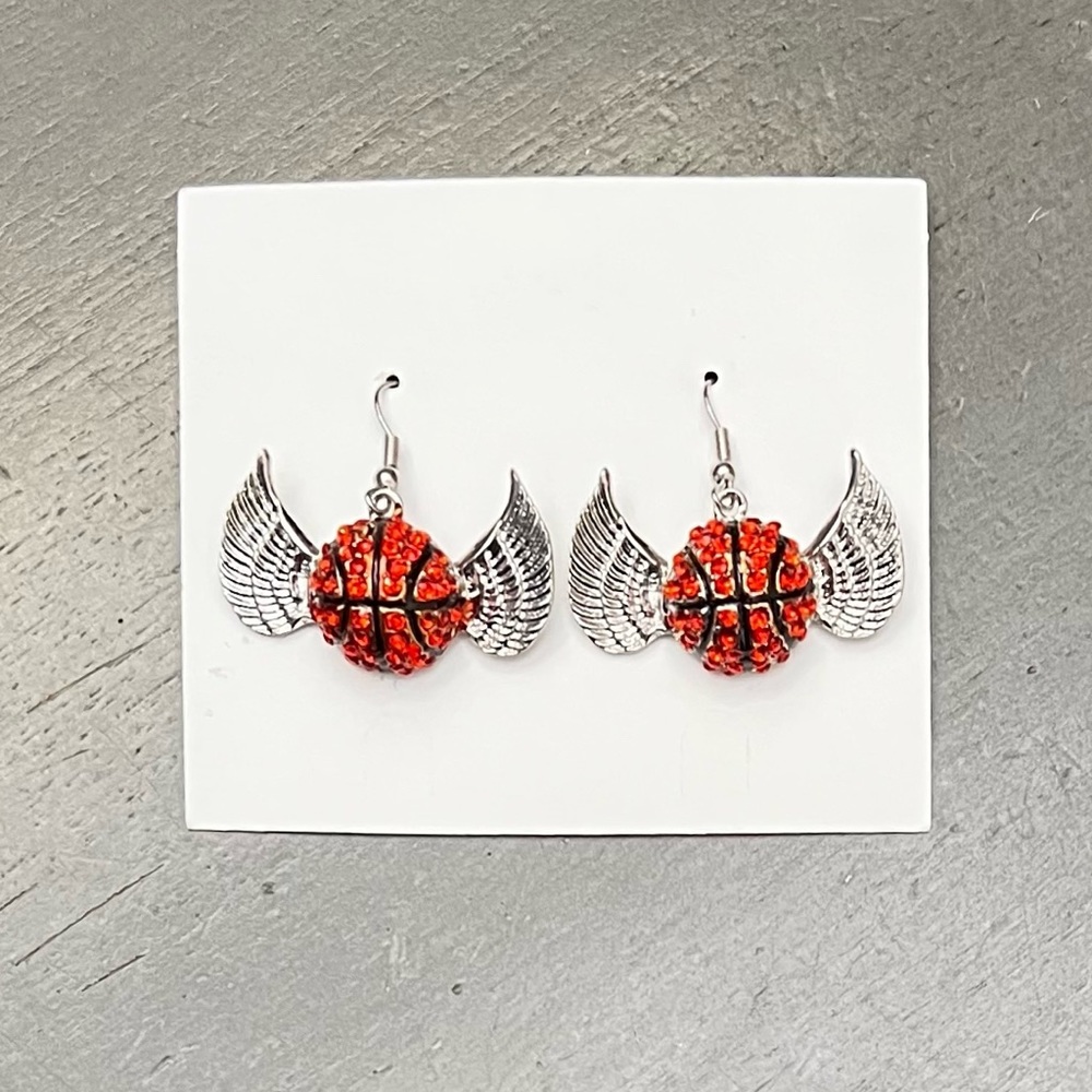 Basketball Allover Orange Rhinestone & Silver Angel Wing Mom NBA 1.5” Earrings